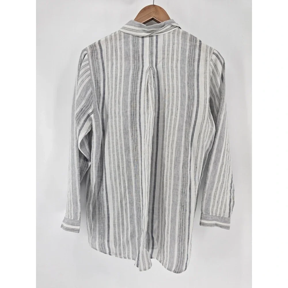 Lafayette 148 Button Down Shirt Womens Medium White Striped Linen Long Sleeve - Picture 3 of 4